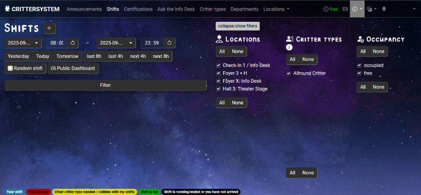 Eurofurence Critter System Shift View with the Eurofurence 29 (2025) - Galaxy theme.'