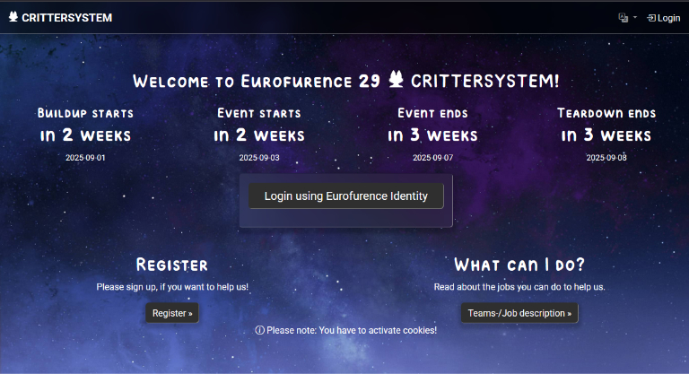 Eurofurence Critter System with the Eurofurence 29 (2025) - Galaxy theme.'
